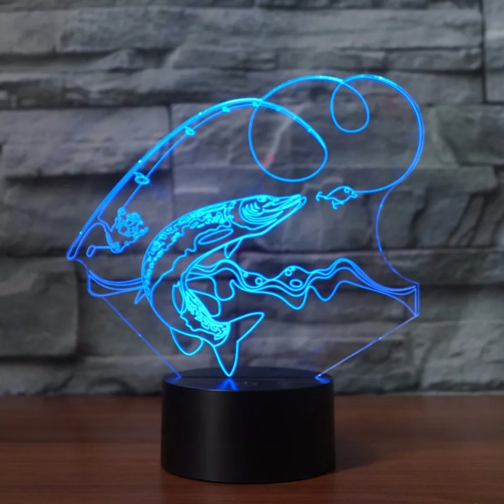 Креативная рыболовная 3D лампа USB светодиодный Ночной светильник с дистанционным выключателем 7 цветов, внутренние крючки для лампы, настольная лампа для карпа, игрушка в подарок