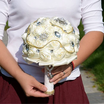 

REDJCK Handmade Rose Artificial Flowers Bride Holding Flower Rhinestones Patchwork Bride Flower Bouquet For Wedding Decoration