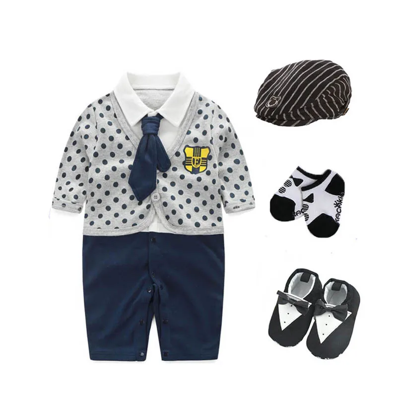 

Newborn 0-3 m boys bodysuit outfits birthday wedding party tuxedo Christening suit bodysuit+hat+socks+shoes Easter gift 6m 9m