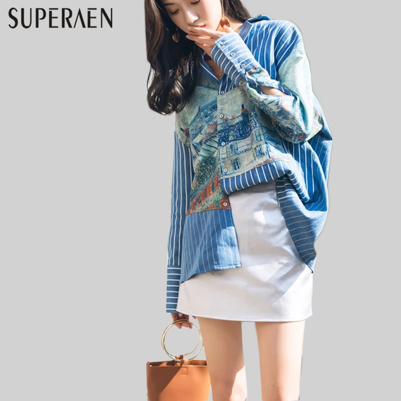 SuperAen, Весенняя новинка, Европейская Женская рубашка, свободная хлопковая Повседневная Блузка для девочек, хлопковая рубашка в полоску, женские топы с длинным рукавом