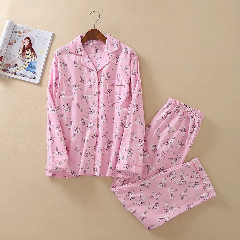 

Pink Pajamas Women Floral Brushed Cotton Thick Pijama Autumn Long Sleeve Elastic Waist Pants Lounge Nightwear pyjamas S88493