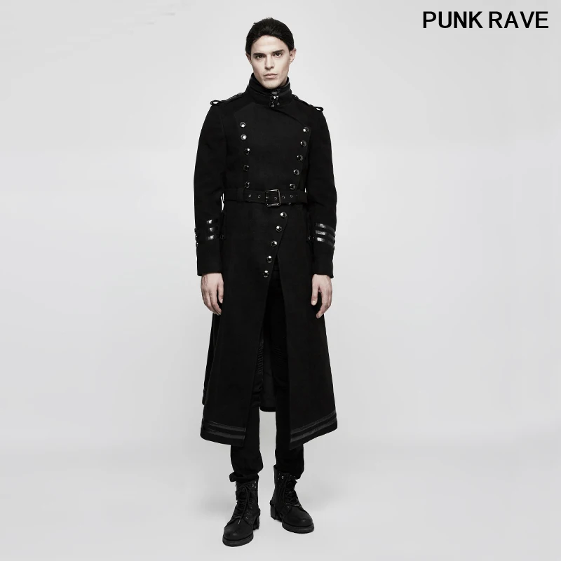 Gothic Military Metal Button Belt Black Winter Wool men Uniform Worsted coat Fashion Palace noble Long jackt Punk Rave Y-766