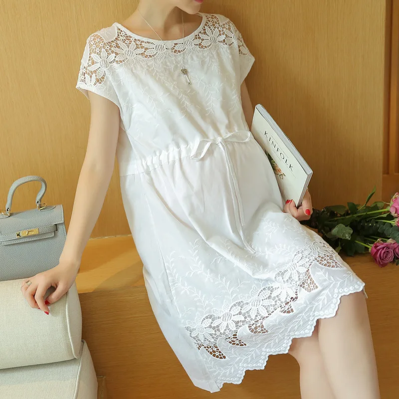 

Maternity Clothes Fashion Summer New Arrival Hollow Lace White Dress for Pregnant Pregnancy Loose Temperament Plus Size Clothes