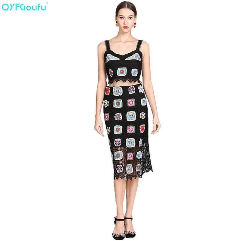 

QYFCIOUFU 2019 Summer Women Sexy Two Piece Outfits Spaghetti Strap Tops High Fashion Embroidery Runway Black Pencil Skirt Set
