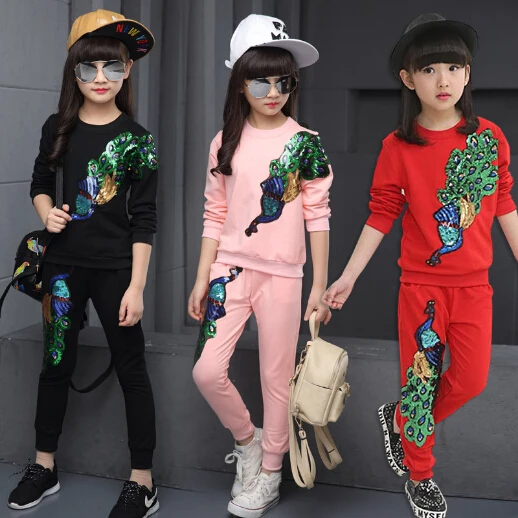

3-13Y 2018 Spring Girls Clothes Jacket Sequined Kids Jacket+Pants Kids Tracksuit For Girls Clothing Sets Girls Sport Suit