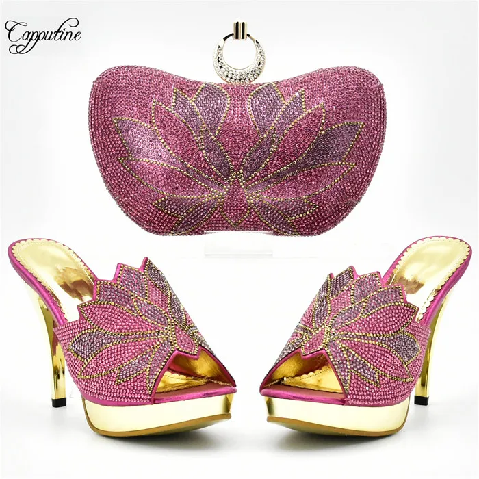 Wonderful party set matching thin high heel shoes and clutch handbag set with stones XY07 in purple, heel height 10cm