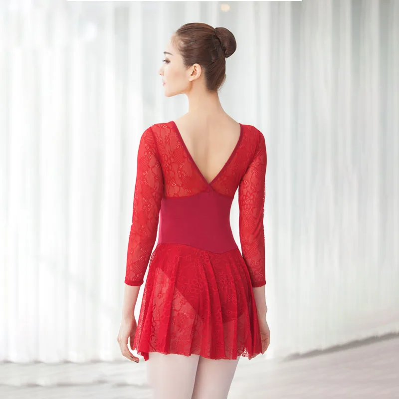 Adult Ballerina Long Sleeve Lace Ballet Dress Gymnastics Leotard Dance