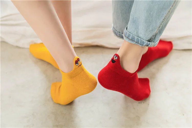 Kawaii/женские носки ярких цветов с вышивкой; модные забавные Женские носочки для девочек; хлопковые летние 5 пар