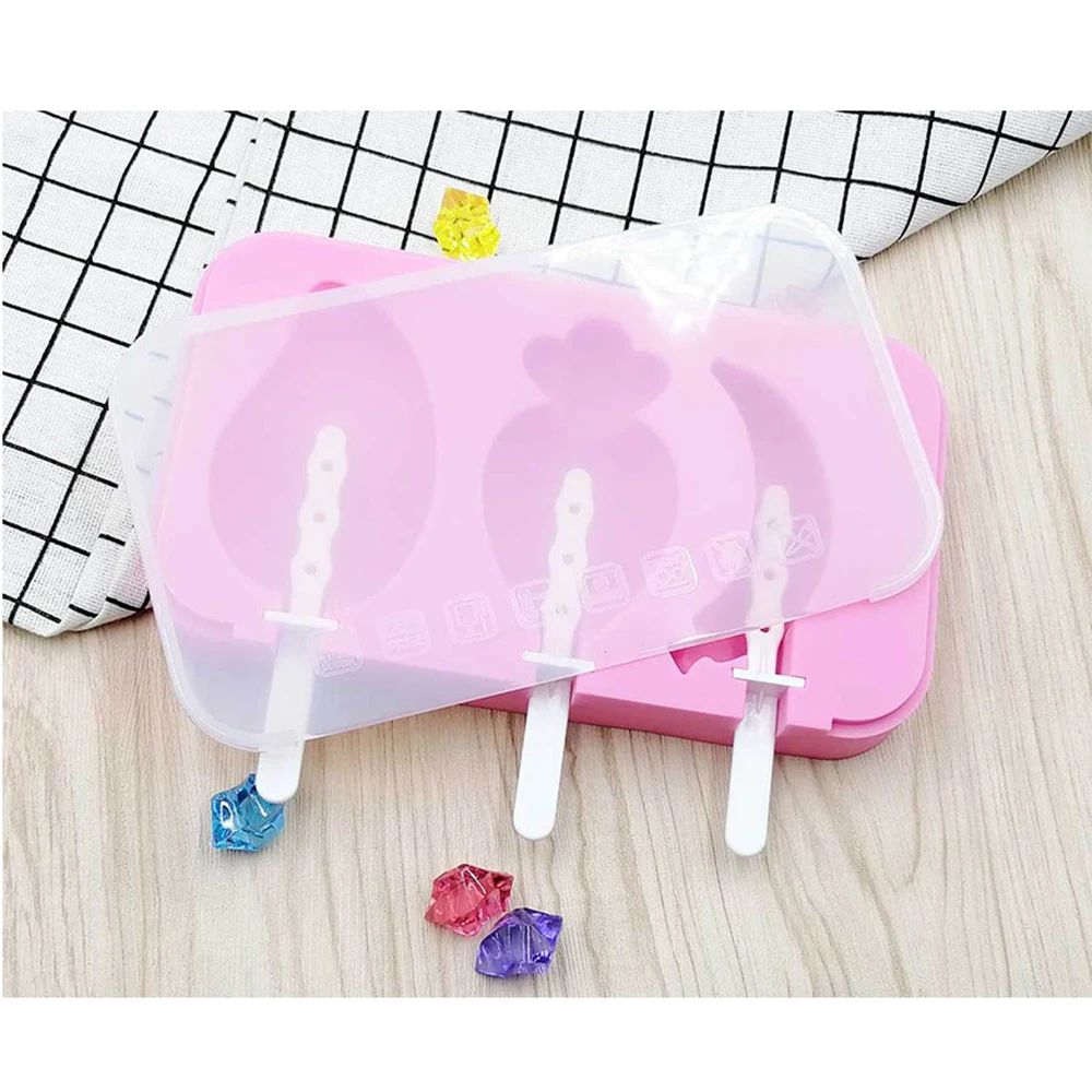 3 Cavity Ice Cream Mold Makers DIY Fruit shaped Strawberry Mango Cube Moulds Silicone Dessert Cake Molds Tray With Popsicle | Дом и сад