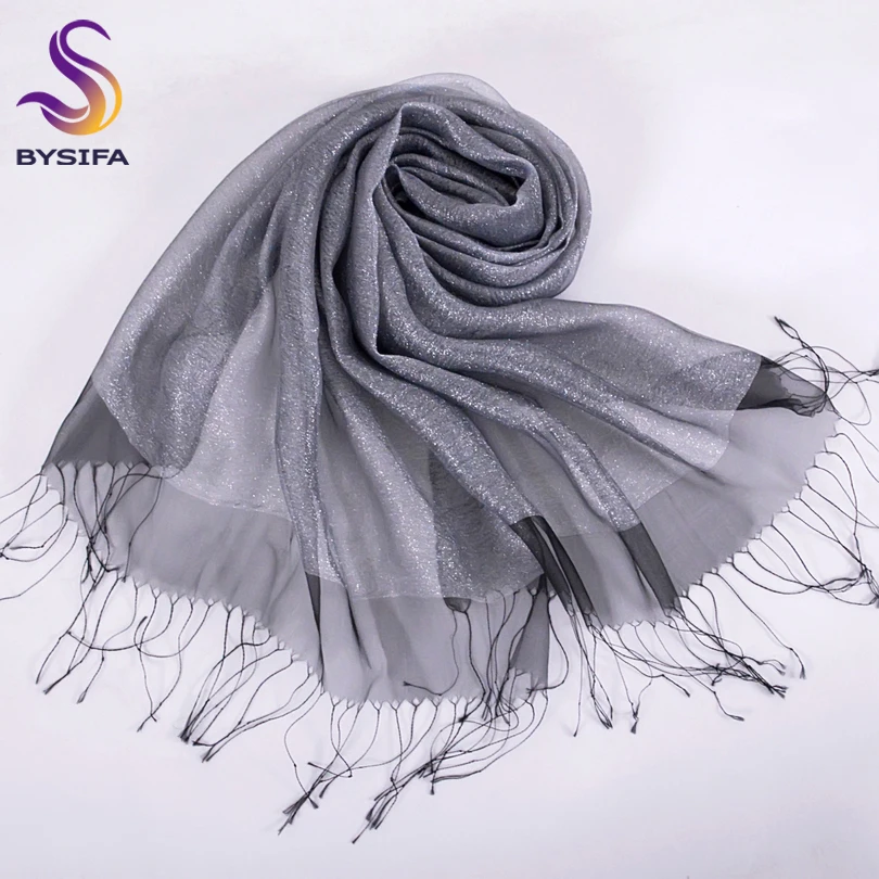 New Elegant Organza Silk Scarf Shawl Fashion 100% Mulberry Silk Silver Grey Female Long Scarves Autumn Winter Ladies Tassel Cape - Image 5