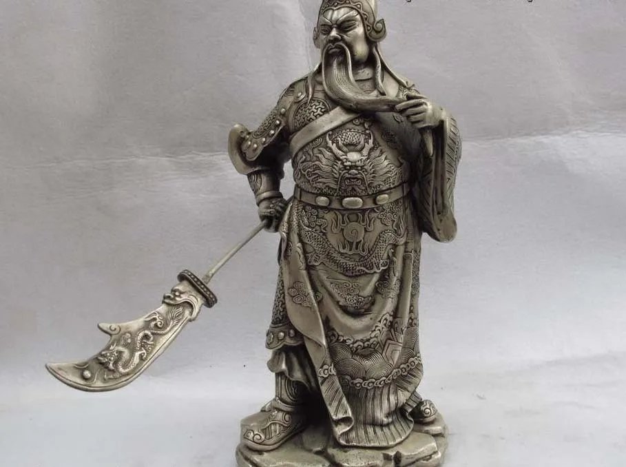 

Chinese Folk Refined White Copper Bronze Silver Guan gong Guan Yu Warrior Statue