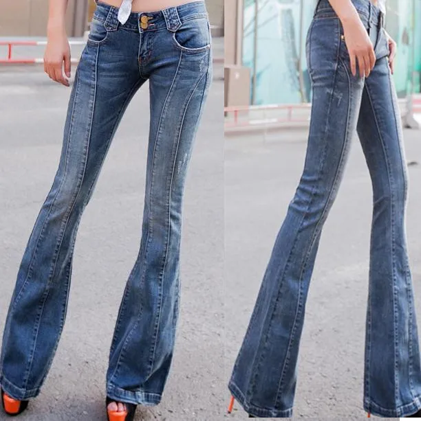 

High waist jeans breasted female flared trousers wide leg pants casual denim pants plus size