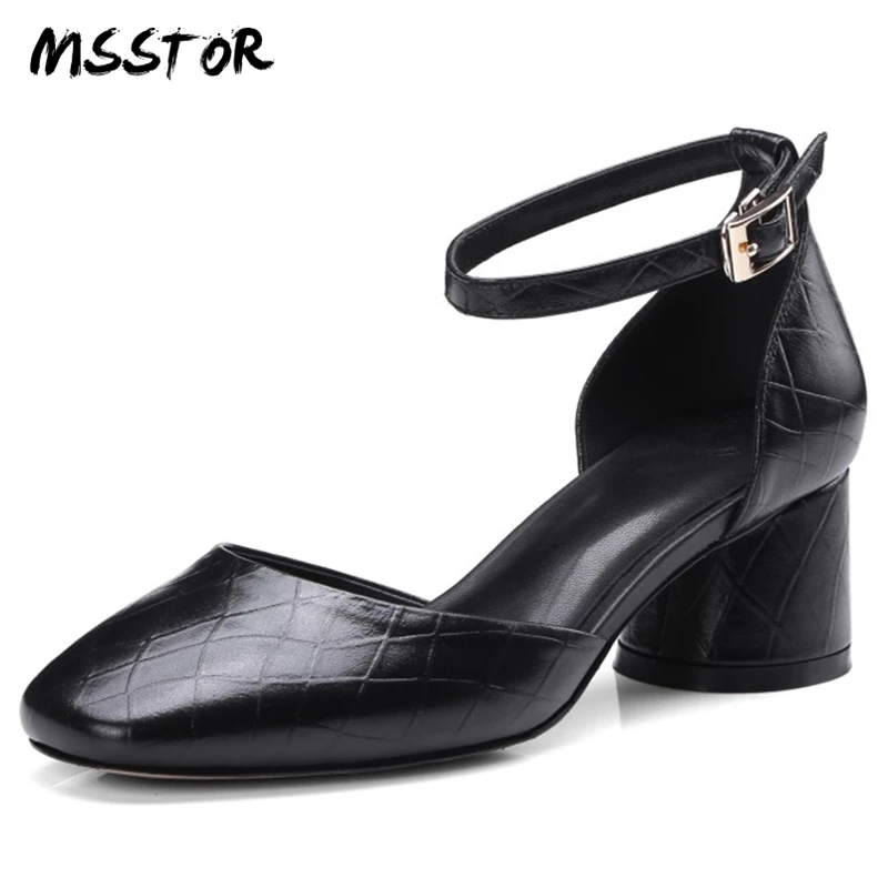

MSSTOR Round Toe Black Women Sandals 2018 Plus Size 34-42 Buckle Strap Concise Fashion High Heels High Quality Summer Shoes 5.5