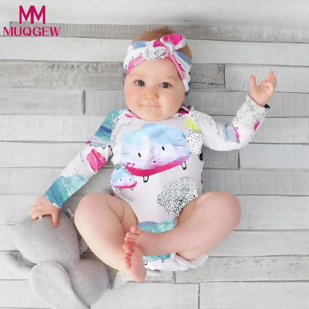 Baby Girl Newborn 2-Piece Fall Outfit Ribbed Romper Headband