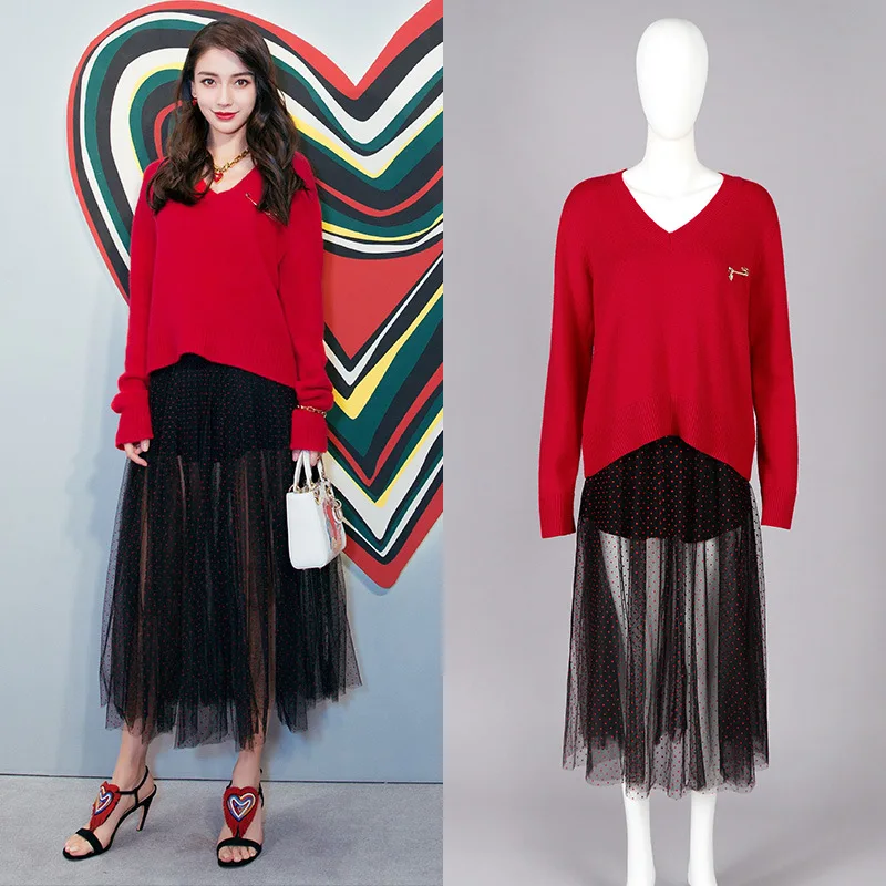 

Baby Yang Ying Micro Blog with Women 2019 Spring New Wave Mesh Black Long Dress Ankle-Length Dot Straight Ankle-Length Dress