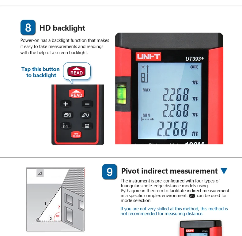 UNI-T UT393+ 100 м высокоточный лазерный дальномер многофункциональный прибор для измерения расстояния горизонтальный с пузырем хранение данных