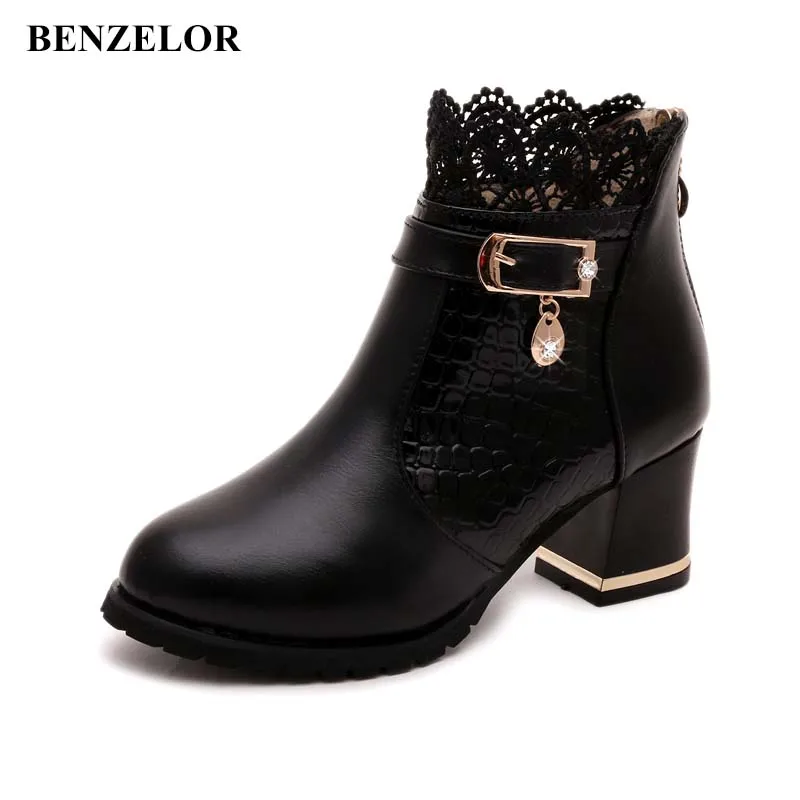 US $16.89 Cuculus Autumn Winter New Lace Fashion High Heels Women Shoes Woman Boots Ankle Casual Ladies Boot Metal Rhinestone Red 1037