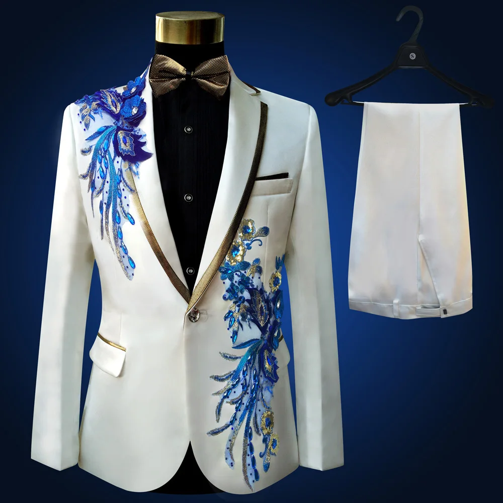 A white suit blue fe Розовый Смокинг пиджак+ брюки с бусинами костюм мужской сценический костюм смокинг для свадьбы размера плюс 4XL розовый королевский синий белый черный красный костюм жениха - Цвет: A white suit blue fe