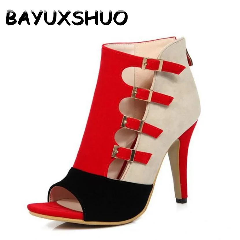 

BAYUXSHUO Women Sandals Sexy Open Toe Buckle Strap High Heels Fashion Zip Stiletto Pump Plus Size Ankle Boots Rome Shoes Woman