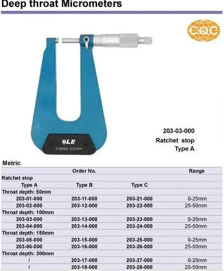 Микрометры с глубоким горлом.(Тип C). 0-25*100 мм. качество goods.203-23-000,0-1*4 дюйма