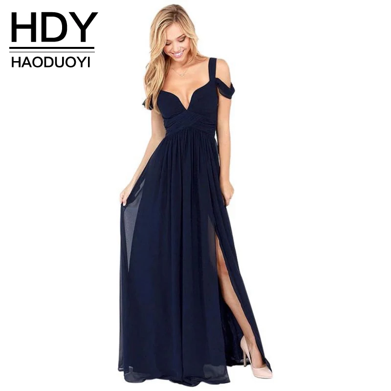 HDY Haoduoyi 2019 Fashion Party Floor Length Solid Dinner Sexy Dress Side Split V-neck Spaghetti Straps Female Gown Dresses