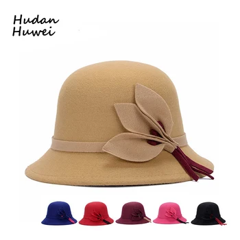 

Autumn Winter women wool felt fedora hats soft warm Formal Princess Hat with flower leaves Bucket Hats bowler hat chapeau