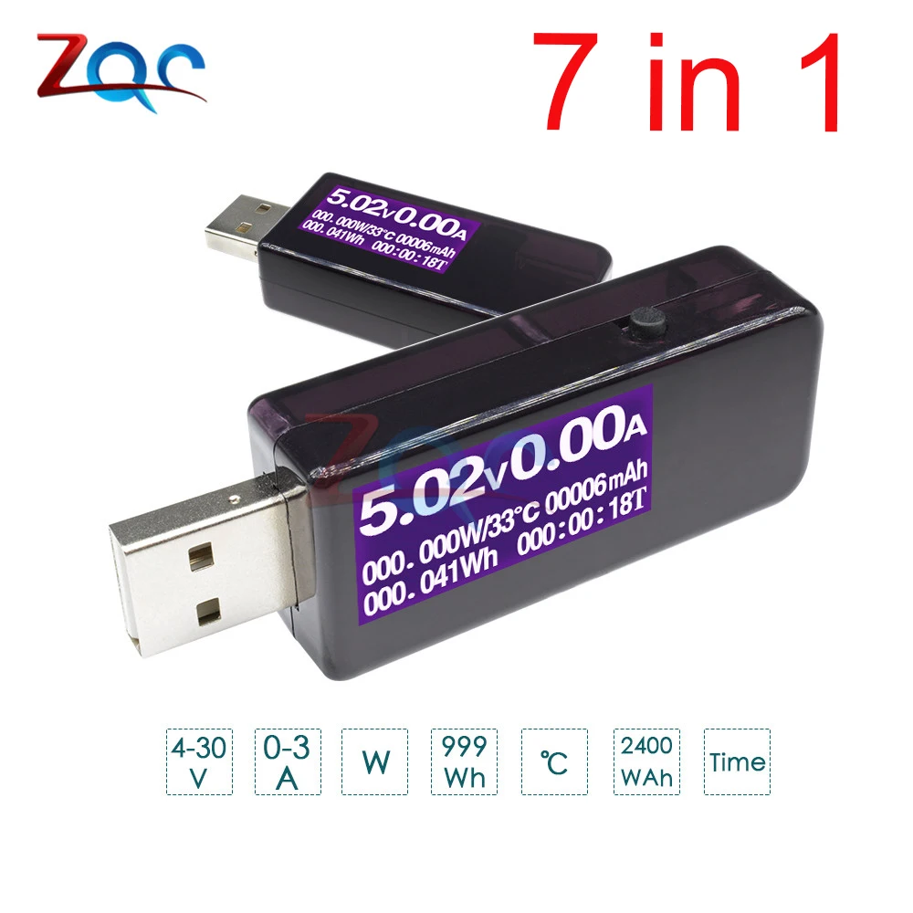 

7 in 1 USB LCD Digital Voltmeter Current Voltage Meter Ammeter Power Energy Capacity Impedance Temperature Multifunction Tester