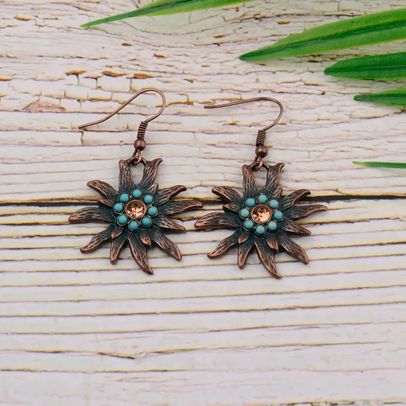

TopHanqi Bohemian Red Antique Bronze Sunflower Earrings For Women Gypsy Jewelry Paved Blue Stone Beads Alloy Earrings Pendientes