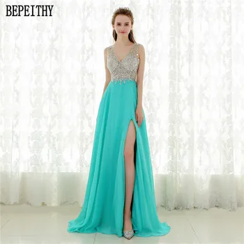 

BEPEITHY Vestido Longo Sexy Long Evening Dress Chiffon 2019 Crystal Top Split Vintage Prom Dresses Robe De Soiree
