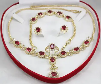 

Hot selling> New Design Charming Red Zircon Necklace Earing Bracelet SetAAA GP Plated gold Bridal wide watch wings queen -Br