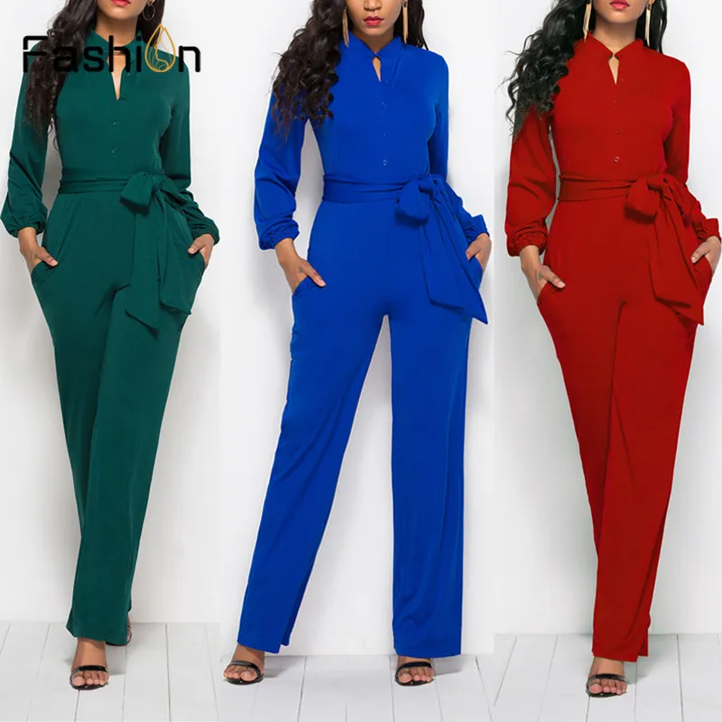 Jumpsuit Women V Neck Long Sleeve Jumpsuits Ladies Office Work Wear
