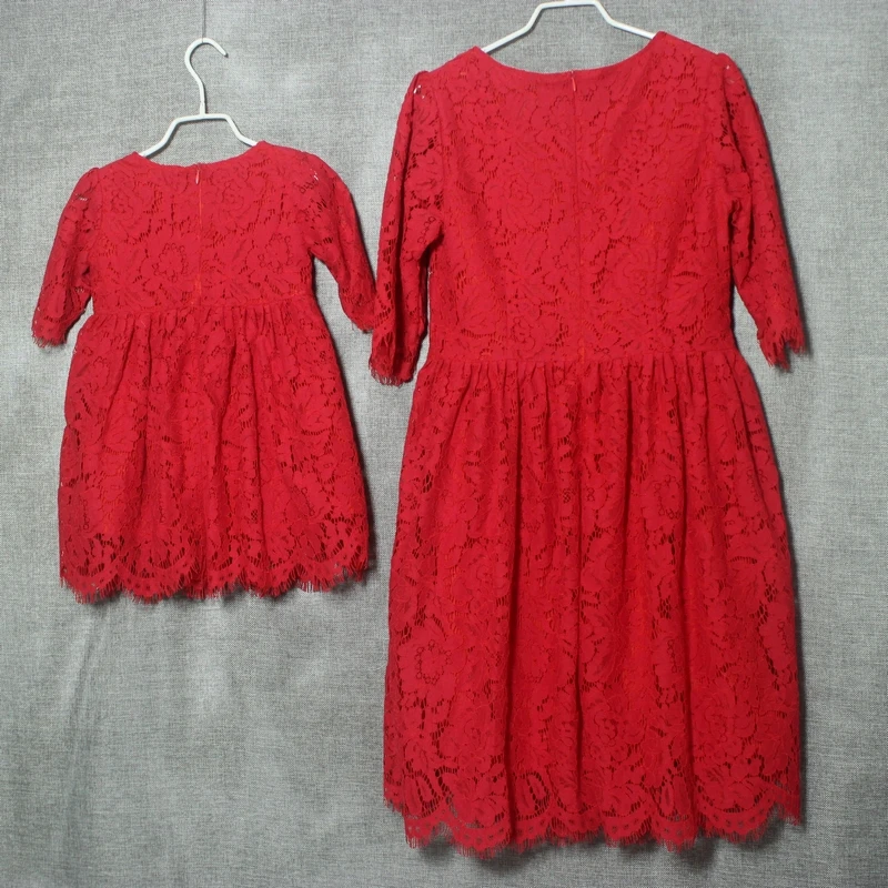 Брендовое Красное Кружевное платье больших размеров, прямое/плиссированное платье платья для мам и девочек праздничное платье Одинаковая одежда для всей семьи для беременных женщин