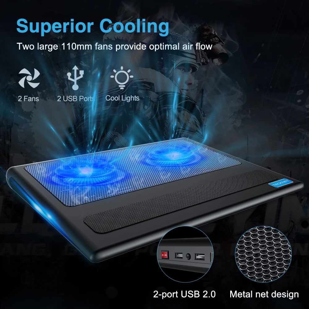 

TeckNet Laptop Cooling Pads Notebook Stand 2 Fans Cooler fits 9 -16 inches for Laptop PC Computer USB Fan Cooling Pad
