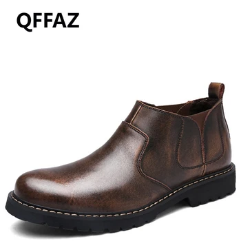 

QFFAZ Retro Men Boots Autumn Winter High Quality Leather Waterproof Footwear Fashion Comfortable Plush Men Ankle Boots
