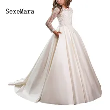 Long Sleeve Flower Girls Dress for Wedding Satin White Ivory Girls First Communion Dress Pageant Gown Custom Made Size цена Long Sleeve Flower Girls Dress for Wedding Satin White Ivory Girls First Communion Dress Pageant Gown Custom Made Size цены онлайн