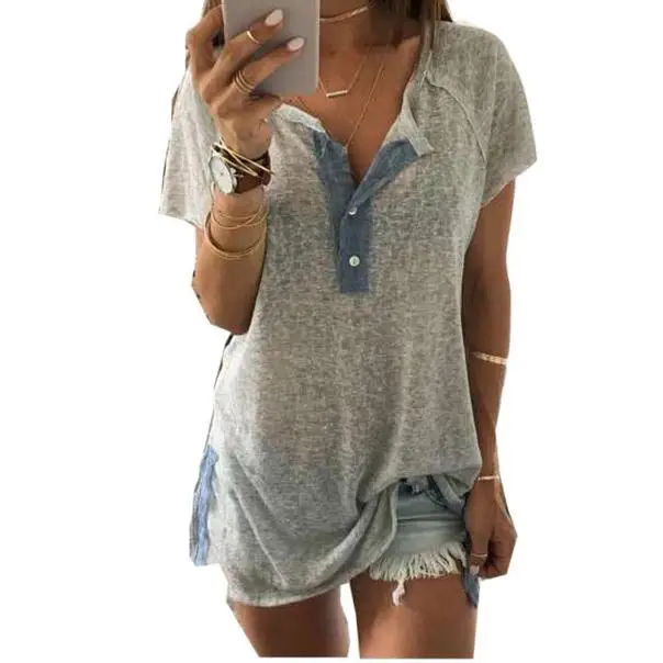 

Women V-Neck T-Shirt Loose Casual Summer Tops Women's Button TShirts Ladies V-Neck Cotton Blend Shirt Loose Plus Size 5XL