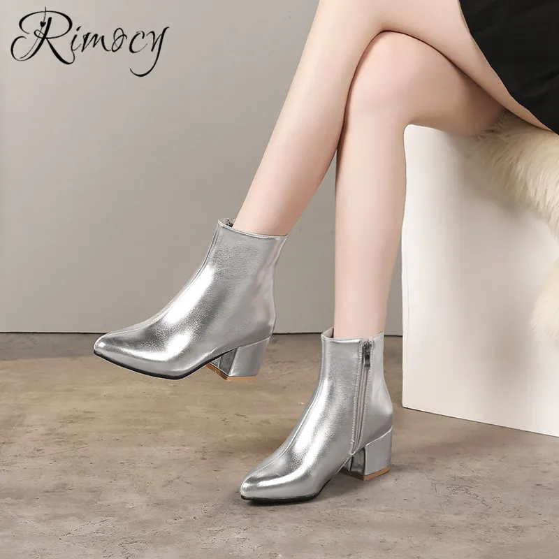 

RIMOCY women ankle boots 2018 autumn winter 6cm square heels waterproof shoes woman high fashion bling PU boots ladies elegant