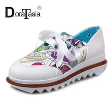 DoraTasia Fashion Big Size 34-43 Lace Up Casual Shoes Woman Cartoon Print Med Heel Skidproof Women Pumps