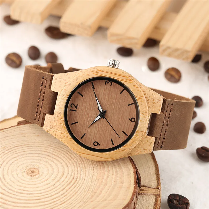 Najtaniej Kreatywne zegarki damskie pasek z prawdziwej skóry etui bambusowe Lady Wrist Watch drewniane światło żółte Dial nowoczesne kobiece zegary prezenty bożonarodzeniowe