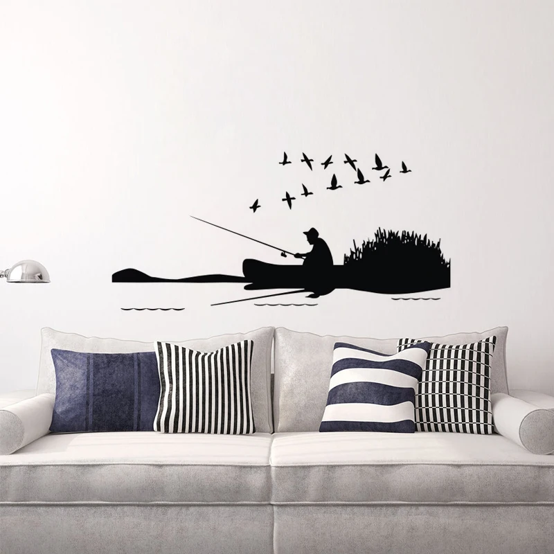 Man Fishing On The River Wall Stickers Birds Scenery Home Decor Vinyl Wall Decals DIY Decoration
