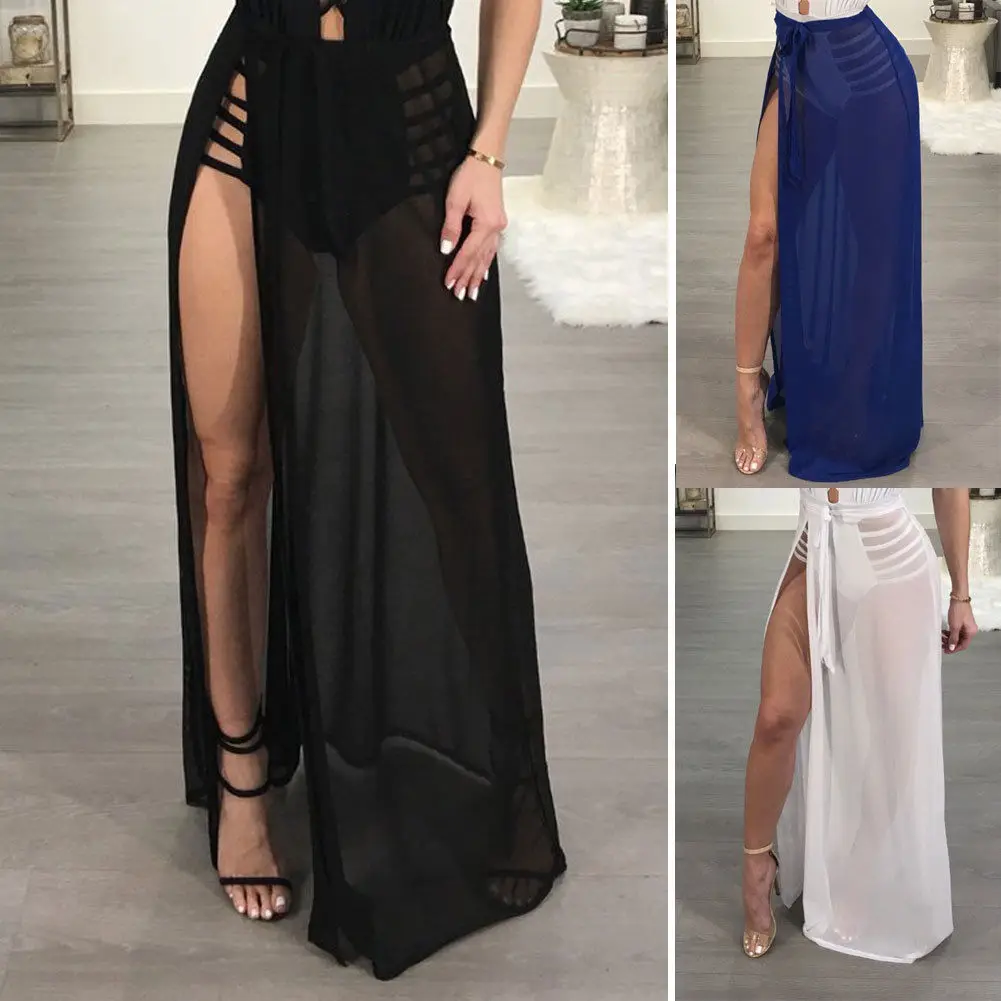 

3 Colors Bandage Strap Split Mesh Skirt Bikini Cover Up Women Beach Skirt Beachwear Wrap Sarong Pareo Maxi Skirt