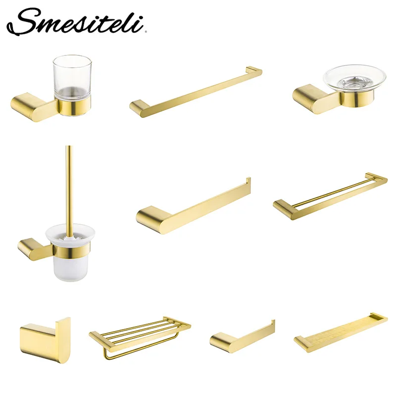 

Smesiteli Golden Bath Hardware Sets Sus304 Stainless Steel Brushed Soap Dishes Robe Hook Towel Bars Rack Bathroom Accessories