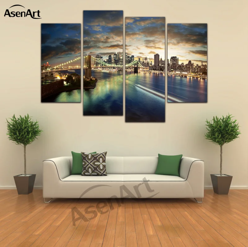 4 Panels Wall Art Canvas Print Brooklyn Bridge Painting Night Landscape Pictures poster for Bedroom Modern Home Decor Unframed | Дом и сад