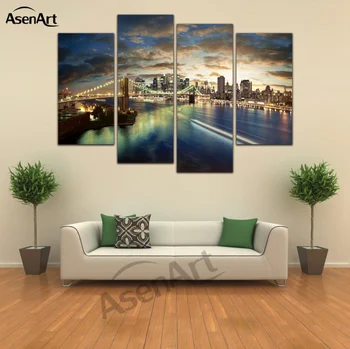 

4 Panels Wall Art Canvas Print Brooklyn Bridge Painting Night Landscape Pictures poster for Bedroom Modern Home Decor Unframed