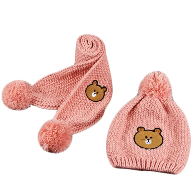 

New Winter Children's Cartoon Bear Knitting Hat Scarf Two-piece Baby Plus Velvet Warm Cap + Scarf Suit Boy Girl Cute Hat Collar
