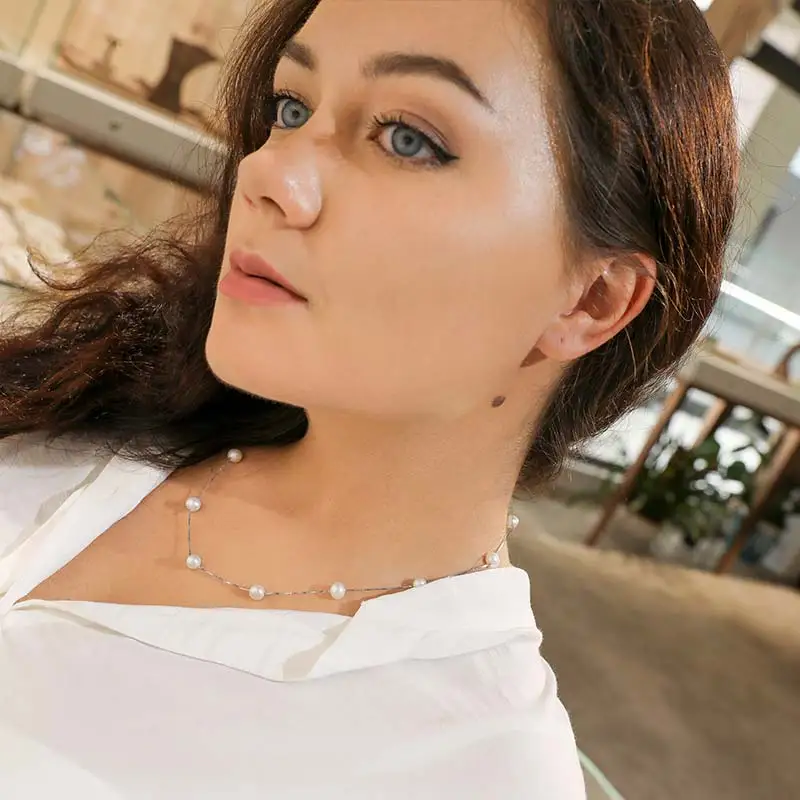 

DAIMI Silver Chain Necklace Natural 6-7mm Freshwater Pearl Necklace Tin Cup Choker Necklace Birthday Gift for Wife