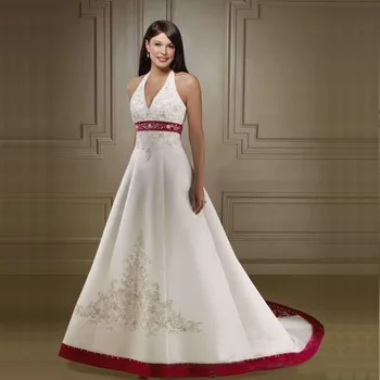 

Halter White And Red Embroidery Wedding Dress 2019 Lace-up Wedding Gowns Bride Dress Vestido De Novia Robe De Soiree Vintage
