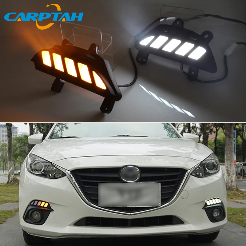 

LED Daytime Running Light For Mazda 3 Axela 2014 2015 2016 Waterproof 12V Yellow Turn Signal Indicator Light Bumper Lamp LED DRL