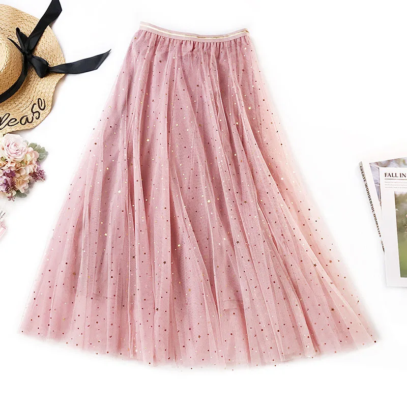 OHRYIYIE, розовая, серая, расшитая блестками юбка из тюля для женщин,, весна-лето, элегантные трапециевидные юбки, женские эластичные миди-юбка с высокой талией S225 - Цвет: Розовый