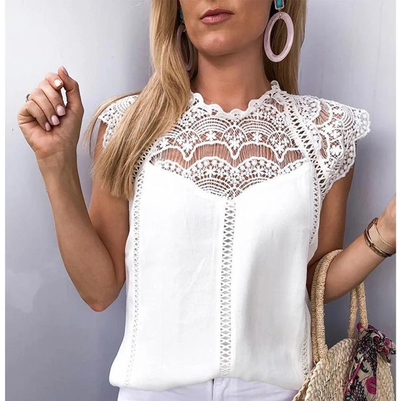 

Women Tops and Blouses Shirts Solid Lace Chiffon Sleeveless Hollow Blouse Tops Shirt Woman Blouses Blusas Mujer De Moda 2019